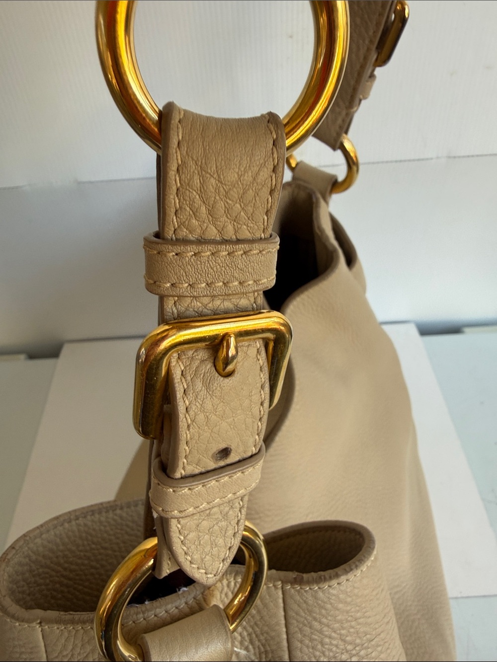 Prada Vitello Daino Leather Hobo Bag Camel Tan Pebbled Calf Skin Gold Hardware - Picture 14 of 17